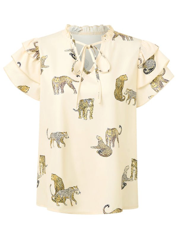 New casual summer V - neck printed ruffle sleeve top - Top